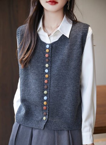Women Casual Autumn O-Neck Colorful Button Knit Vest