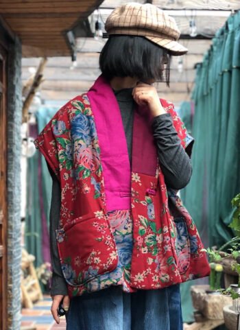 Women Vintage Floral Spliced V-neck Vest Coat
