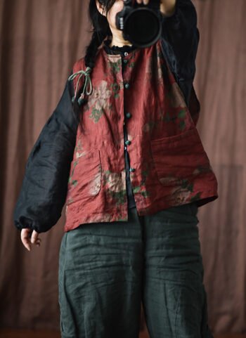 Women Vintage Flower O-Neck Thin Linen Vest