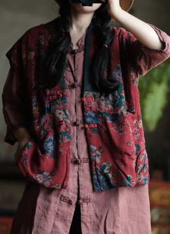 Plus Size Women Ethnic Autumn Flower V-Neck Cotton Vest