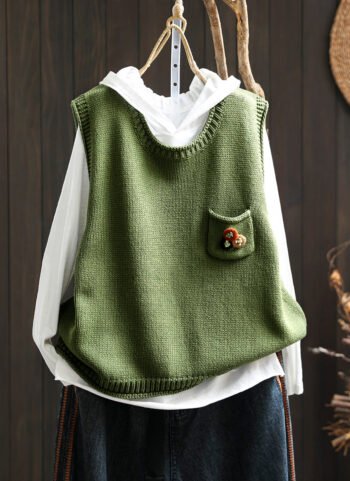 Women Vintage Flower Pocket O-Neck Knit Vest