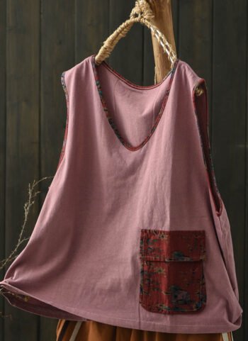 Plus Size Women Summer Vintage Colorblock V-Neck Cotton Vest
