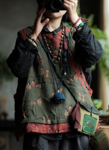 Women Autumn Retro Print Spliced O-Neck 100%Cotton Vest