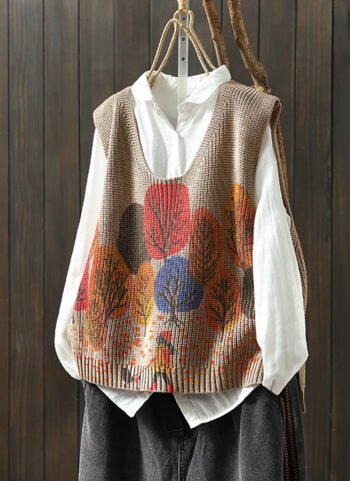 Women Autumn Artsy Tree V-Neck Knitted Vest