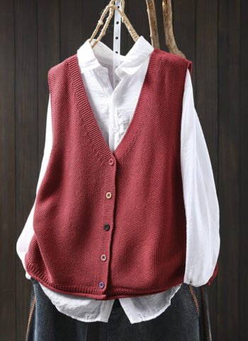 Women Autumn Artsy Pure Color V-Neck Knitted Vest