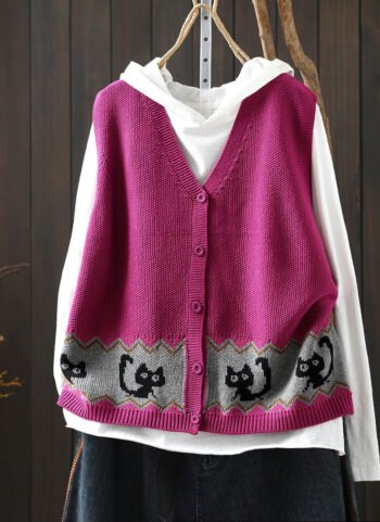 Women Spring Artsy Cat Knitted V-Neck Vest