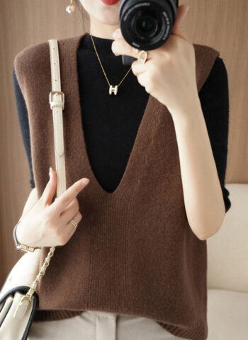 Women Autumn Casual Pure Color V-Neck Knitted Vest