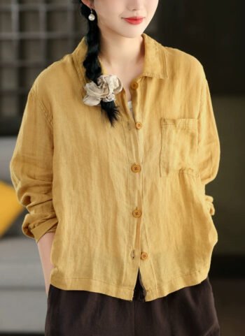 Women Artsy Summer Pure Color 100%Linen Shirt