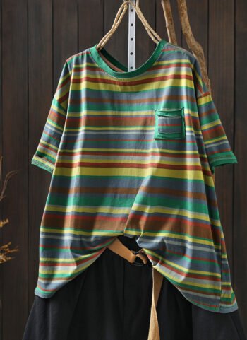 Women Summer Casual Stripe Cotton O-Neck T-Shirt