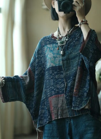 Plus Size Women Summer Vintage Patchwork O-Neck Cotton Shirt