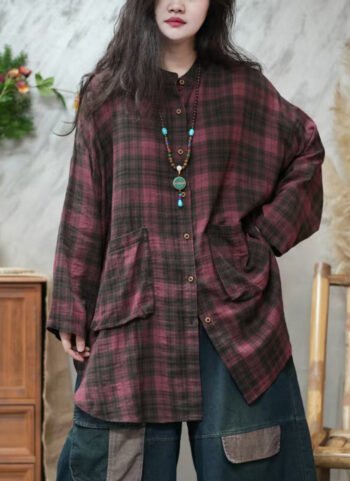Women Spring Vintage Plaid Turn-down Collar Shirt