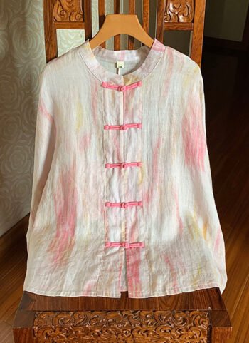 Women Summer Tie-dye Stand Collar 100%Ramie Shirt