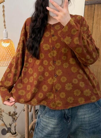 Women Spring Vintage Flower O-Neck Shirt