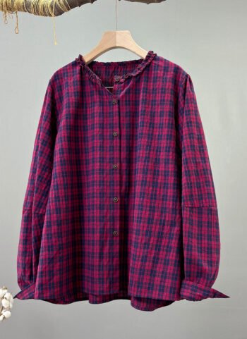 Women Spring Vintage Plaid O-Neck 100%Cotton Shirt