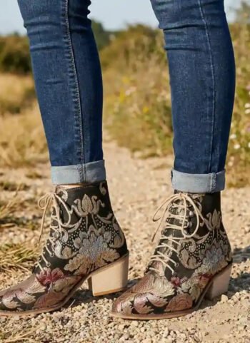 Boho Floral Embroidered Ankle Boots