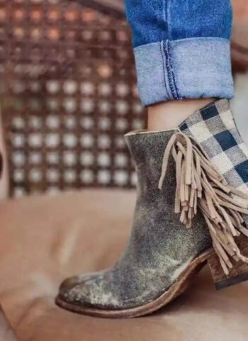 Boho Fringed Boots with Gingham Print
